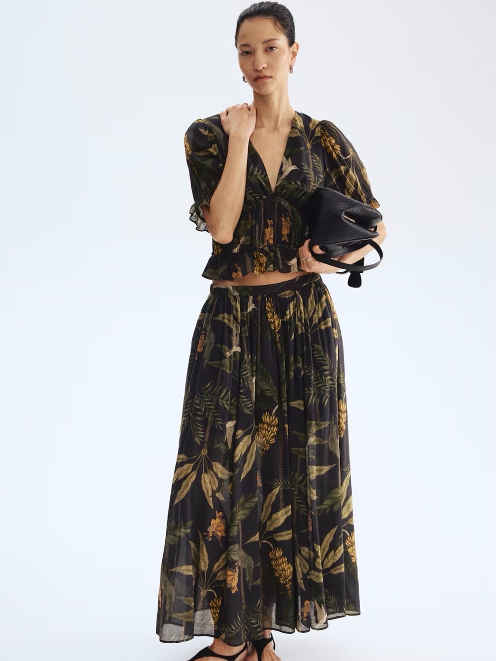 H&M Black Floral Maxi Skirt with Green and Gold Leaf Print